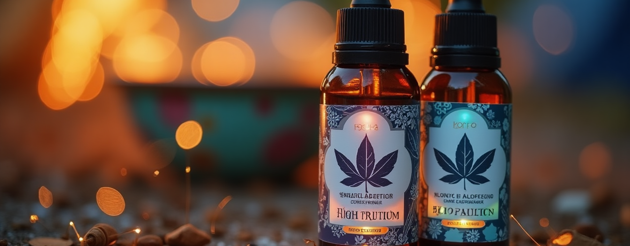 CBD Oil Bottles for Natural Wellness and Relaxation Two CBD oil dropper bottles labeled with cannabis leaf logos placed on a sandy surface with warm, glowing bokeh lights in the background — natural wellness and relaxation theme.